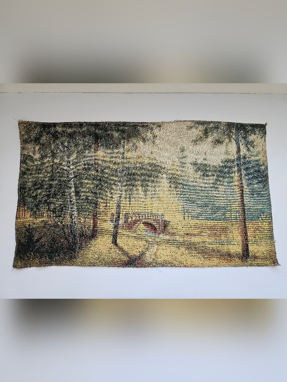 Vintage Russian Gobelin Forest Landscape Tapestry Wall Hanging Woodland Bridge